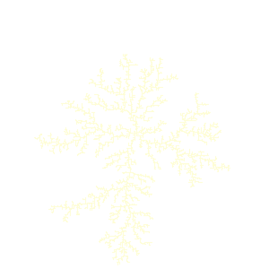 A branching, dendritic cluster grown by diffusion-limited aggregation from a single seed at the centre.