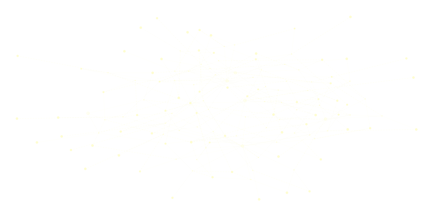 A network of small cream discs and squares joined by faint solid and dashed lines: the maximal reflexively autocatalytic, food-generated set of a random binary polymer chemistry.