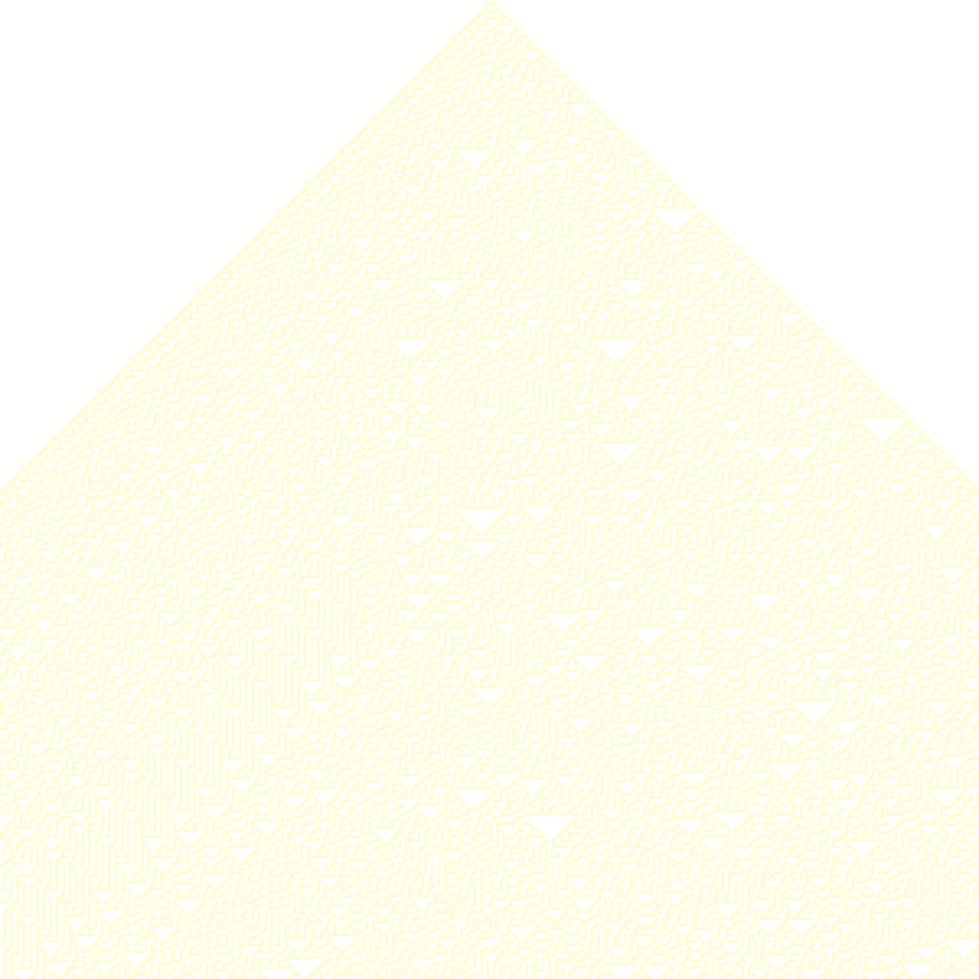 The triangular space-time diagram of elementary cellular automaton Rule 30, regular on one flank and irregular on the other.